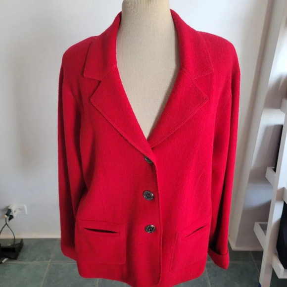 Chico's Boucle Knit Blazer Red 100% Wool Artsy Buttons Jacket (Size: 2) - Picture 7 of 16